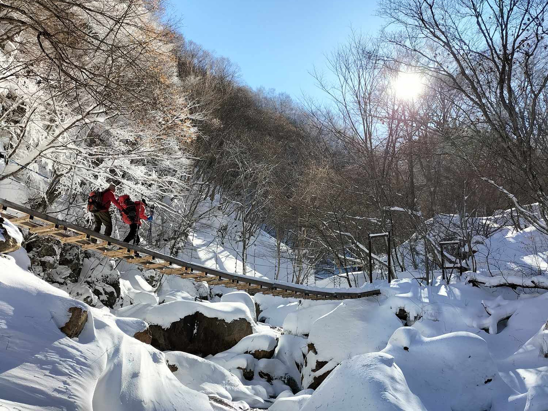 スノーシューハイキングコースの途中にある吊り橋を渡る参加者